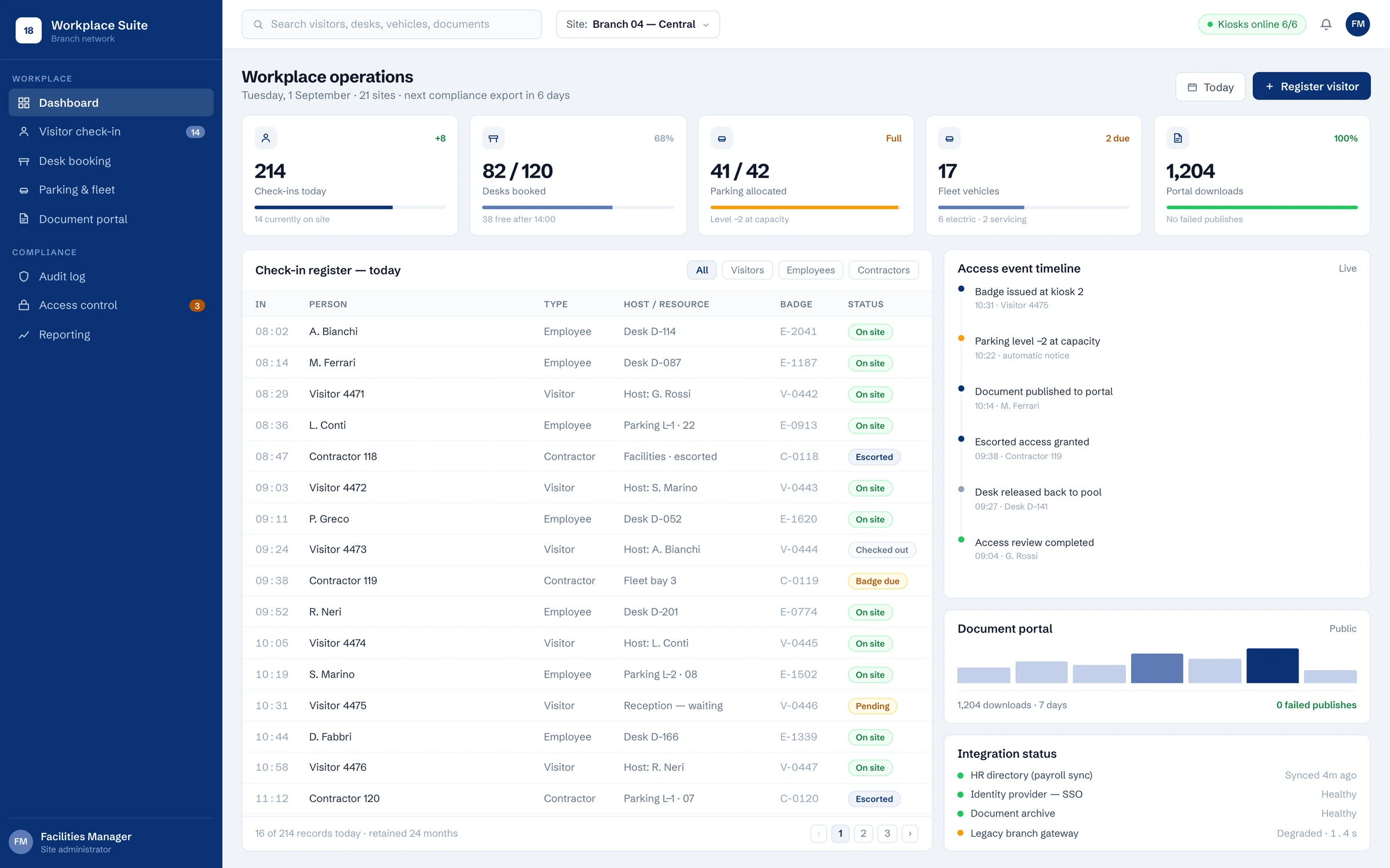 Banking workplace suite: visitor check-in, desk and parking booking, document portal
